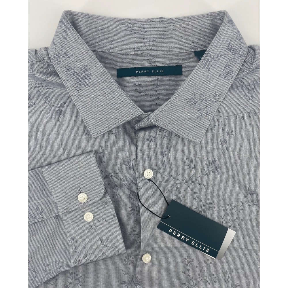 Perry Ellis Button Down Shirt Mens 2XLT Blue Floral Micro Stripe Long Sleeve NWT